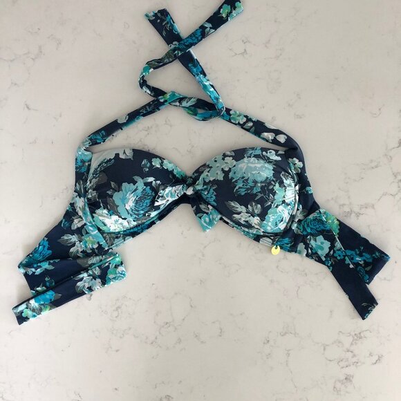 Azura Australia Floral Padded Bikini Top Neck & Back Tie Closure Blue Sz 8 NWOT - Picture 1 of 10
